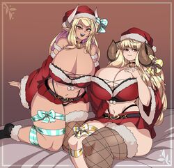 2girls anila_(granblue_fantasy) blonde_hair breasts captain_kirb christmas female granblue_fantasy hi_res hips horns huge_breasts kuvira_(granblue_fantasy) light-skinned_female light_skin long_hair male naughty_face tan tan-skinned_female tanned_skin thick_thighs thighs uncensored wide_hips rating:Explicit score:101 user:Aeolus_HX