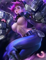 ass belt blue_eyes boots breasts donut earrings female female_only gloves human jacket large_breasts league_of_legends lipstick makeup navel nipples officer_vi open_clothes open_mouth piercing pink_hair sakimichan short_hair tattoo tight_clothing vi rating:Questionable score:165 user:chooped