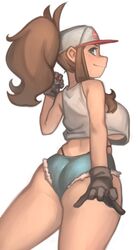 1girls ass blush brown_hair crop_top crop_top_overhang female gloves hat hilda_(pokemon) kelvin_hiu long_hair minishorts nintendo pokemon pokemon_bw ponytail shorts solo standing thick_thighs thighs thong underboob whale_tail rating:Questionable score:149 user:Ugabuga