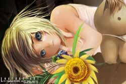  blonde_hair blue_eyes copyright_request female flower liki lying short_hair solo stuffed_animal stuffed_toy sunflower  rating:safe score: user:bot