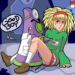  1girls blonde_hair brown_shoes crono8 day_of_the_tentacle dr._tentacle female green_shirt laverne maniac_mansion panties purple_tentacle_(character) red_skirt shirt shoes short_hair skirt spread_legs tentacle upskirt white_panties  rating:questionable score: user:bot