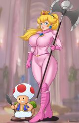 axe blonde_hair blue_eyes bodysuit breasts chronosth1 earrings gummslime light-skinned_male light_skin mario_(series) princess princess_peach super_mario_bros. super_mario_bros._(2023_film) thighs toad_(mario) voluptuous voluptuous_female weapon rating:Questionable score:62 user:Drabeast99