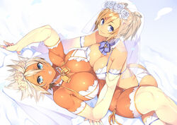 2girls ass bikini blonde_hair blue_eyes breasts bride choker cleavage dark-skinned_female dark_skin elbow_gloves female gloves large_breasts lying muscular_female on_stomach original ribbon sela_(sela_god) sela_god short_hair side-tie_bikini smile thighhighs ursula_(sela_god) veil wedding_lingerie wife_and_wife yuri rating:Questionable score:174 user:chooped