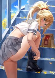 1girls adjusting_footwear ass bag bare_legs belt black_footwear blonde_hair blush boots braid breasts crop_top fate_(series) foot_out_of_frame french_braid green_eyes grey_skirt knee_up legs long_hair looking_at_viewer looking_back looking_to_the_side midriff miniskirt mordred_(fate) outdoors paper_bag parted_bangs pleated_skirt ponytail red_scrunchie sailor_collar school_uniform scrunchie serafuku sidelocks skirt small_breasts solo stairs thighs tonee rating:Questionable score:137 user:BLB18