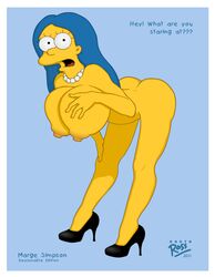 2011 alternate_breast_size ass bent_over blue_hair breasts color darth_ross english_text eyelashes female female_only footwear hair hair_down hand_on_breast hand_on_leg high_heels huge_breasts human large_breasts long_hair looking_at_viewer looking_left marge_simpson matt_groening_(style) naked_footwear naked_heels necklace nipples nude open_eyes open_mouth round_ears shoes solo text the_simpsons yellow_skin rating:Questionable score:44 user:bot