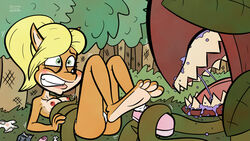 anthro bandicoot barefoot blonde_hair bound breasts coco_bandicoot color crash_(series) day female fur furry hair looking_at_another mammal man-eating_plant_(crash_series) marsupial nipples outdoors plant qluvic saliva sharp_teeth tentacle vore rating:Explicit score:9 user:bot