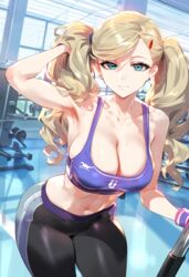 ai_generated ann_takamaki atlus blue_eyes breasts cleavage female female_only gym gym_clothes looking_at_viewer nai_diffusion persona persona_5 solo sports_bra sportswear stable_diffusion yoga_pants rating:Questionable score:140 user:Mudlover