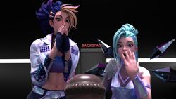 2girls 3d 3d_(artwork) abs akali backstage belt blonde_hair blue_hair clothed clothing crop_top dildo dress erevos eyes_open hand_over_mouth hand_over_own_mouth hands_together height_difference horse_dildo jacket k/da_all_out_akali k/da_all_out_seraphine k/da_all_out_series k/da_series league_of_legends looking_at_dildo neon neon_sign no_penetration no_sex open_mouth seraphine_(league_of_legends) shocked shocked_expression two_tone_hair rating:Questionable score:11 user:Erevos