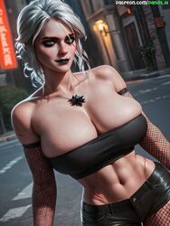 ai_generated big_breasts black_lips black_lipstick breasts ciri collar female fishnet_armwear fishnet_stockings goth goth_girl goth_slut green_eyes light-skinned_female mascara outdoors pale-skinned_female pale_skin panda_ai scar solo the_witcher_(series) the_witcher_3:_wild_hunt white_hair rating:Explicit score:39 user:Kokizi