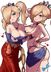 1girls ass blonde_hair blue_eyes breasts cleavage clothing cosplay crossover dancer_outfit dragon_quest dragon_quest_viii female female_only hair_over_one_eye harem_outfit jessica_albert looking_at_viewer mario_(series) multiple_views platinum_blonde_hair princess_rosalina smile solo solo_female solo_focus standing super_mario_galaxy twintails yamino_ekakinin rating:Explicit score:154 user:Flake456