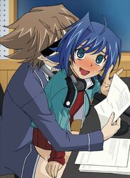 2boys ahoge aichi_sendo anal blue_eyes blue_hair blush bottomless brown_hair cardfight!!_vanguard chalkboard classroom cum desk gay headphones male microphone multiple_males papers school school_uniform sex sitting sitting_on_lap sitting_on_person stealth_sex sweat toshiki_kai v yaoi rating:Explicit score:40 user:bot