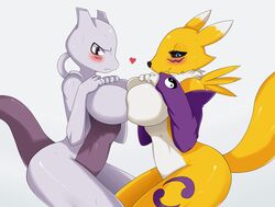 2011 anthro big_breasts black_nose blue_eyes blush breast_squish breasts canine chest_tuft crossover digimon elbow_gloves facial_markings female fox fur furry genderswap gloves heart kneeling leg_markings looking_at_viewer markings mewtwo nintendo nude plain_background pokemon purple purple_eyes renamon smile sssonic2 tail thighs tuft voluptuous white_background white_fur yellow yuri rating:Questionable score:75 user:bot