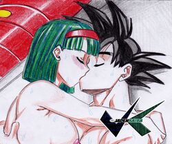 breasts_on_chest bulma_briefs bulma_briefs_(frieza_saga) dragon_ball dragon_ball_z female human jadenkaiba kissing male muscles romantic son_goku rating:Explicit score:9 user:bot