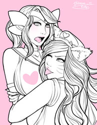 2015 ahri animal_ears censored clothes female female_only fur hair heart ikebanakatsu league_of_legends luxanna_crownguard popstar_ahri ribbon star_guardian_lux star_guardian_series tongue_out yuri rating:Questionable score:23 user:SweetAssVic