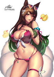 ahri bikini black_hair blush cianyo cleavage erect_nipples female female_only fox_girl fox_tail hand_on_chest heart heart-shaped_sunglasses jewelry large_breasts league_of_legends looking_at_viewer rubber_duck vastaya voluptuous rating:Safe score:171 user:jindermaballz