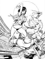 2011 2girls amazon armor artist_request ass bikini_armor boots catfight chainmail chainmail_bikini crossover dated earrings female female_only fight footwear holding_object holding_weapon human human_only kimono kunai kunoichi kurenai_(red_ninja) loincloth long_hair monochrome ninja nipples nude nudity perspective red_ninja red_sonja red_sonja_(comics) sword thong torn_clothes torn_clothing weapon rating:Explicit score:23 user:bot