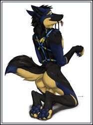 1boy anthro ass balls black black_hair black_nose blue blue_eyes canine claws collar fur furry hair hindpaw kneeling leash looking_at_viewer looking_back male male_only nude pawpads paws pet plain_background raised_tail short_hair solo tail tongue tongue_out truegrave9 white_background wolf yellow rating:Explicit score:2 user:bot