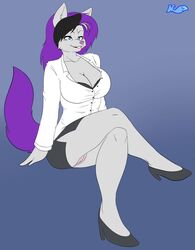 anthro big_breasts black_hair blue_eyes breasts canine cleavage clothes color crossed_legs crotch female female_only footwear fur furry furry_breasts furry_ears furry_tail grey_fur hair heels long_hair multicolored_hair open_eyes pink_nose pointy_ears purple_fur purple_hair pussy shirt shoes sitting skidd skirt smile solo tail upskirt vulva wolf rating:Explicit score:8 user:bot