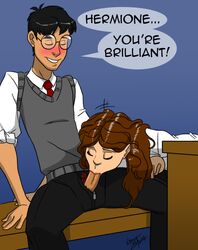 :>= aeolus06 blush fellatio female harry_james_potter harry_potter hermione_granger human male open_fly oral penis penis_through_fly school_uniform straight sweater_vest rating:Explicit score:177 user:bot