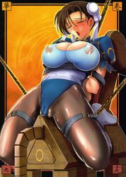 blush bondage breasts brown_eyes brown_hair bun_cover cameltoe chains chinese_clothes chun-li closed_eyes double_bun female female_only high_resolution human kawaraya kawaraya_a-ta large_breasts nipples pussy_juice solo straight_hair street_fighter wooden_horse rating:Explicit score:21 user:bot