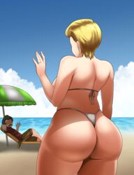 1boy 1girls android_18 beach big_ass big_breasts bikini bikini_bottom bikini_top blonde_hair blue_eyes blush breasts clothed_male curvy_female dat_ass donaora889 dragon_ball dragon_ball_gt grey_bikini grey_bikini_bottom grey_bikini_top huge_ass krillin kuririn looking_at_partner looking_forward mature mature_female milf no_sex short_hair smaller_male standing sweat sweatdrop thong thong_bikini rating:Questionable score:97 user:St1rolvamp3ler