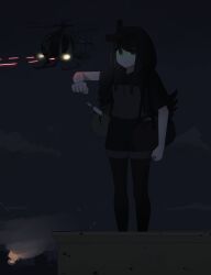  absurdres aircraft atamonica bag cloak duffel_bag female helicopter highres hood hooded_cloak leggings mh-6_little_bird night night_sky night_vision_device original projectile_trail rocket short_sleeves shorts sky  rating:questionable score: user:bot