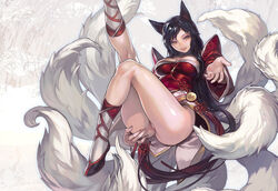 1girls ahri animal_ears aoin black_hair breasts erect_nipples facial_mark female fox_ears fox_tail hands league_of_legends leg_lift legs lips long_hair multi_tail multiple_tails naughty_face no_panties pussy resized smile solo tail thighs yellow_eyes rating:Explicit score:177 user:Lunatic