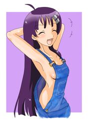 armpits breasts cute_fang female flat_chest hair_ornament hairclip happy kiyal_bachika long_hair naked_overalls overalls purple_hair sideboob solo tengen_toppa_gurren-lagann tengen_toppa_gurren_lagann rating:Questionable score:28 user:vash75