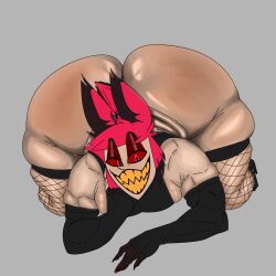  1boy alastor_(hazbin_hotel) ass ass big_ass big_butt crimson_redddd fat_ass fat_butt fishnets hazbin_hotel huge_ass huge_butt laying_down laying_on_stomach looking_at_viewer male male_only red_eyes red_hair solo thick_ass thick_butt  rating:explicit score: user:bot