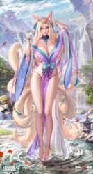 1girls ahri animal_ears bare_legs bare_shoulders barefoot beautiful_background bell blonde_hair blue_eyes bracelet breasts cleavage ear_tuft female female_only fox fox_ears fox_girl fox_tail hair_bell k/da_all_out_ahri k/da_all_out_series large_breasts league_of_legends long_hair looking_at_viewer pixiv_username portrait riot_games sideboob spirit_blossom_ahri spirit_blossom_series standing tail tsuki_no_i-min water water_drop wet wet_hair whisker_markings rating:Questionable score:241 user:CalZone