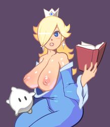 1girls assisted_exposure bare_shoulders blonde_hair blue_dress blue_eyes blush book breasts breasts_out crown detached_sleeves dress dress_pull earrings female hair_over_one_eyes huge_breasts human inverted_nipples jewelry lipstick long_hair lowres luma makeup mario_(series) nintendo nipples noill open_book princess_rosalina reading simple_background star super_mario_galaxy undressing rating:Explicit score:90 user:bot