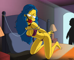 arms_behind_back ball_gag bed bedroom bondage bra cabroon chain collar female gag gagged human kneeling leash lingerie male marge_simpson panties tagme the_simpsons underwear rating:Explicit score:100 user:bot