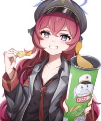  black_hat black_jacket black_shirt blue_archive brand_name_imitation can cherino_(blue_archive) chips_(food) collarbone collared_shirt commentary_request crossed_bangs female food grey_eyes grin halo hand_up hat holding holding_can holding_food iroha_(blue_archive) jacket lapels light_blush long_hair long_sleeves looking_at_viewer loose_necktie necktie nezumin open_clothes open_collar open_jacket outstretched_arm pink_hair potato_chips pringles pringles_can purple_halo red_necktie shirt simple_background smile solo upper_body white_background  rating:safe score: user:bot