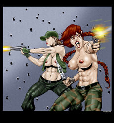 2012 2girls abs alison_r_hart_burnett big_breasts breasts bullet_holes camouflage_pants casual clothing female firearm g.i._joe greg_nichols gun handgun hat human knife lady_jaye multiple_girls pale_skin scarlett_(g.i._joe) shana_o'hara topless weapon weapons rating:Explicit score:6 user:bot