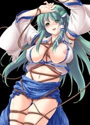 beige_skin blush bondage breasts clothes color detached_sleeves female female_only frog front_view green_eyes green_hair hair hair_ornament japanese_clothes large_breasts long_hair navel nipples open_eyes open_mouth rope sanae_kochiya snake solo sweat takamu tears touhou rating:Explicit score:5 user:bot