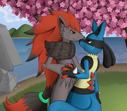  blossom_(disambiguation) cloud eye_contact generation_4_pokemon generation_5_pokemon hand_holding looking_at_another lucario mountain nintendo plant pokemon pokemon_(species) reflection romantic romantic_ambiance romantic_couple sea smile tree water zeonart zoroark  rating:safe score: user:bot