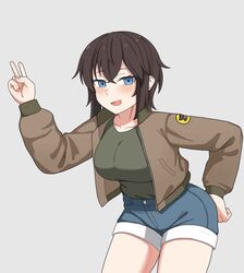  atamonica blue_eyes bomber_jacket breasts brown_hair denim denim_shorts green_shirt highres jacket non-web_source shirt shorts  rating:questionable score: user:bot