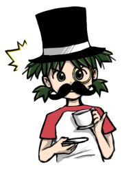  ^^^ cup drawfag facial_hair fake_facial_hair fake_mustache female green_eyes green_hair hat koiwai_yotsuba monocle moustache pinky_out quad_tails short_hair short_sleeves simple_background solo surprised teacup top_hat white_background yotsubato! 