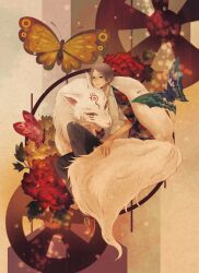  1boy bug butterfly commentary_request flower madara_(natsume_yuujinchou) male_focus natsume_takashi natsume_yuujinchou peony_(flower) short_hair yumi_(tuzisaka) 