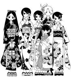  6+girls bandages bow braid floral_print fuura_kafuka greyscale hair_bobbles hair_ornament hairbow highres hitou_nami japanese_clothes kimono kimura_kaere kitsu_chiri kobushi_abiru kumeta_kouji long_hair monochrome multiple_girls official_art otonashi_meru sandals sayonara_zetsubou_sensei simple_background smile twin_braids twintails 