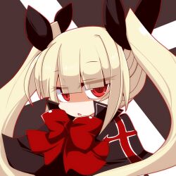  blazblue blonde_hair bow commentary_request female hair_ribbon long_hair rachel_alucard red_bow red_eyes ribbon shirogane_(platinum) solo twintails 