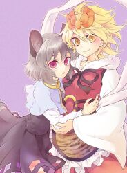  2girls animal_ears animal_print belt blonde_hair capelet commentary_request grey_hair grey_skirt hair_ornament hug medium_skirt mouse_ears multiple_girls nazrin open_mouth pink_eyes shawl shirt short_hair skirt skirt_set smile tiger_print tomobe_kinuko toramaru_shou touhou yellow_eyes 