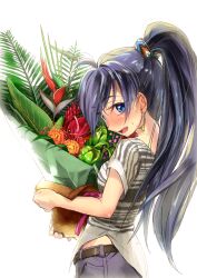  andou_shuki antenna_hair anthurium backlighting belt bird_of_paradise_flower black_hair blue_eyes blush commentary_request earrings female flower flower_pot ganaha_hibiki highres holding holding_flower_pot idolmaster idolmaster_(classic) jewelry long_hair looking_at_viewer lotus oerba_yun_fang open_mouth plant ponytail potted_plant profile red_ginger_(flower) simple_background solo spider_lily 