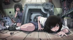  2girls bad_id bad_pixiv_id black_eyes black_hair kneeling manhole multiple_girls on_floor open_mouth original photoshop_(medium) screw short_hair stairs sukabu wooden_floor 