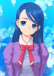  blue_background blue_eyes blue_hair bow commentary_request female l&#039;ecole_des_cinq_lumieres_school_uniform long_hair minazuki_karen precure rasukaru ribbon school_uniform smile solo yes!_precure_5 