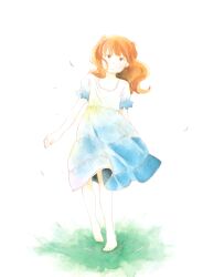  barefoot brown_hair dress female hotta_kiichi kimi_to_boku long_hair official_art painting_(medium) satou_masaki_(kimi_to_boku) solo traditional_media watercolor_(medium) 