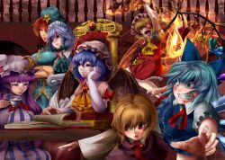  6+girls :&lt; arm_up ascot bat_wings black_skirt blonde_hair blue_dress blue_eyes blue_hair blush book bow braid breast_envy breasts capelet chair cirno clenched_teeth closed_eyes commentary_request crescent crossed_arms cup desk dress drooling elbow_gloves embodiment_of_scarlet_devil fangs fire flandre_scarlet gem gloves glowing glowing_eye green_skirt hairbow hand_on_own_cheek hand_on_own_face hat hat_ribbon hong_meiling izayoi_sakuya laevatein_(touhou) large_breasts long_hair looking_at_breasts maid maid_headdress medium_skirt midriff multicolored_clothes multicolored_dress multiple_girls open_mouth outstretched_arms outstretched_hand patchouli_knowledge pink_dress purple_eyes purple_hair reading red_eyes red_hair red_skirt remilia_scarlet ribbon rumia shirt short_hair skirt skirt_set sleeping sleeping_upright smile star_(symbol) striped_clothes striped_dress sweat teacup teeth touhou twin_braids white_gloves wings yana_(nekoarashi) 