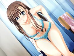  bent_over blue_bra blush bra breasts brown_hair cleavage dutch_angle female front-hook_bra game_cg green_eyes hand_on_own_hip indoors kyouka_takase large_breasts lingerie long_hair miyatsuki_itsuka navel okitsune-sama_no_koisuru_omajinai open_bra panties solo thigh_gap underwear underwear_only unfastened 