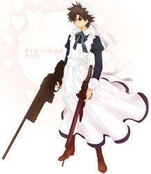  1boy alternate_costume apron bad_id bad_pixiv_id battle_rifle black_eyes black_hair blue_dress bolt_action boots brown_footwear cetme_model_58 collared_dress crossdressing curtained_hair dress dual_wielding emiya_kiritsugu enmaided facial_hair fate/zero fate_(series) finger_on_trigger fn_spr_a3g frilled_apron frills full_body gun hat heart heart_background holding holding_gun holding_weapon juliet_sleeves kotarou_(raincoat) long_sleeves looking_down maid maid_apron male_focus male_maid mob_cap neck_ribbon pink_background puffy_sleeves ribbon rifle short_hair sniper_rifle solo standing stubble weapon white_background white_hat white_ribbon 