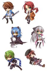  3boys 3girls argent-ag ascot black_thighhighs blue_hair boots bow brown_eyes brown_hair chibi coat commentary_request eiyuu_densetsu elie_macdowell full_body green_ascot green_eyes green_hair grey_eyes group_picture hair_ribbon half_updo knee_boots lloyd_bannings long_hair miniskirt mishy multiple_boys multiple_girls necktie noel_seeker pants pantyhose ponytail purple_legwear randolph_orlando red_hair ribbon scarf shoes short_hair shorts skirt stuffed_animal stuffed_toy sword thighhighs tio_plato wazy_hemisphere weapon white_background white_hair white_skirt yellow_eyes zero_no_kiseki 